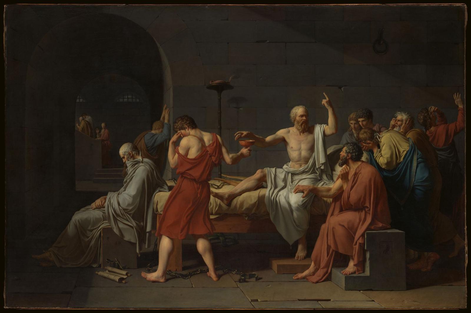 A painting of Socrates sitting up on a prison bed, bare-chested, one hand raised as he reaches for a cup of hemlock while his grieving friends turn away or cover their faces.