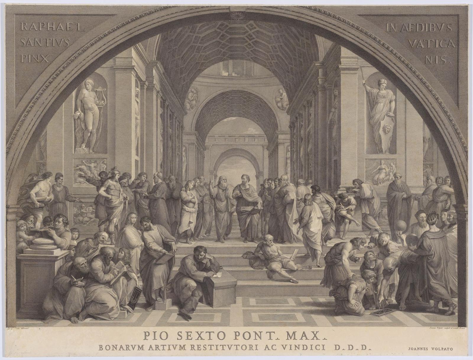 A large engraving of Raphael's fresco The School of Athens, showing a crowd of philosophers in a vaulted hall, with Plato pointing upward and Aristotle with his hand out flat at the centre.
