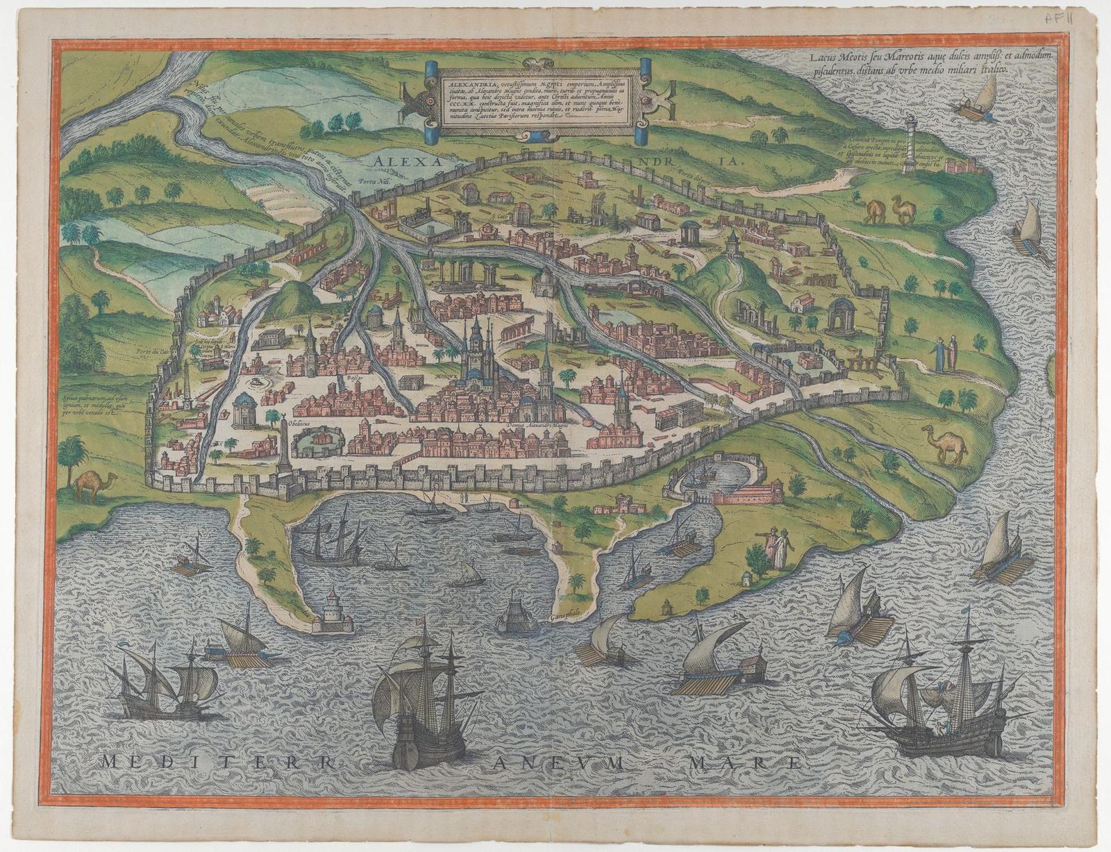 A hand-coloured bird's-eye map of Alexandria, showing the walled city with its streets and buildings, two harbours full of sailing ships in the foreground, and a tall lighthouse on a spit of land.