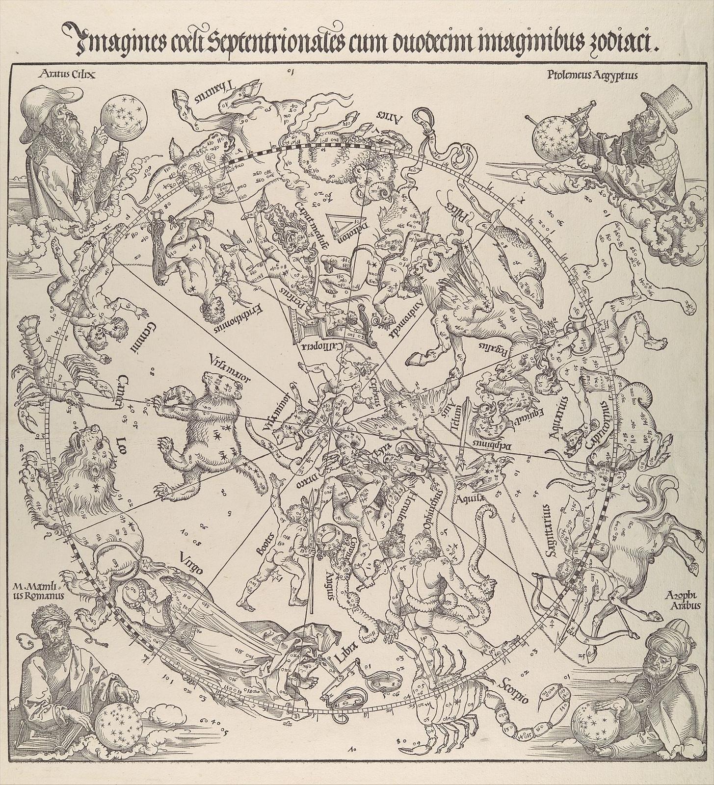 A woodcut star chart of the northern sky with the constellations drawn as animals and figures, and four astronomers with globes and instruments in the corners.
