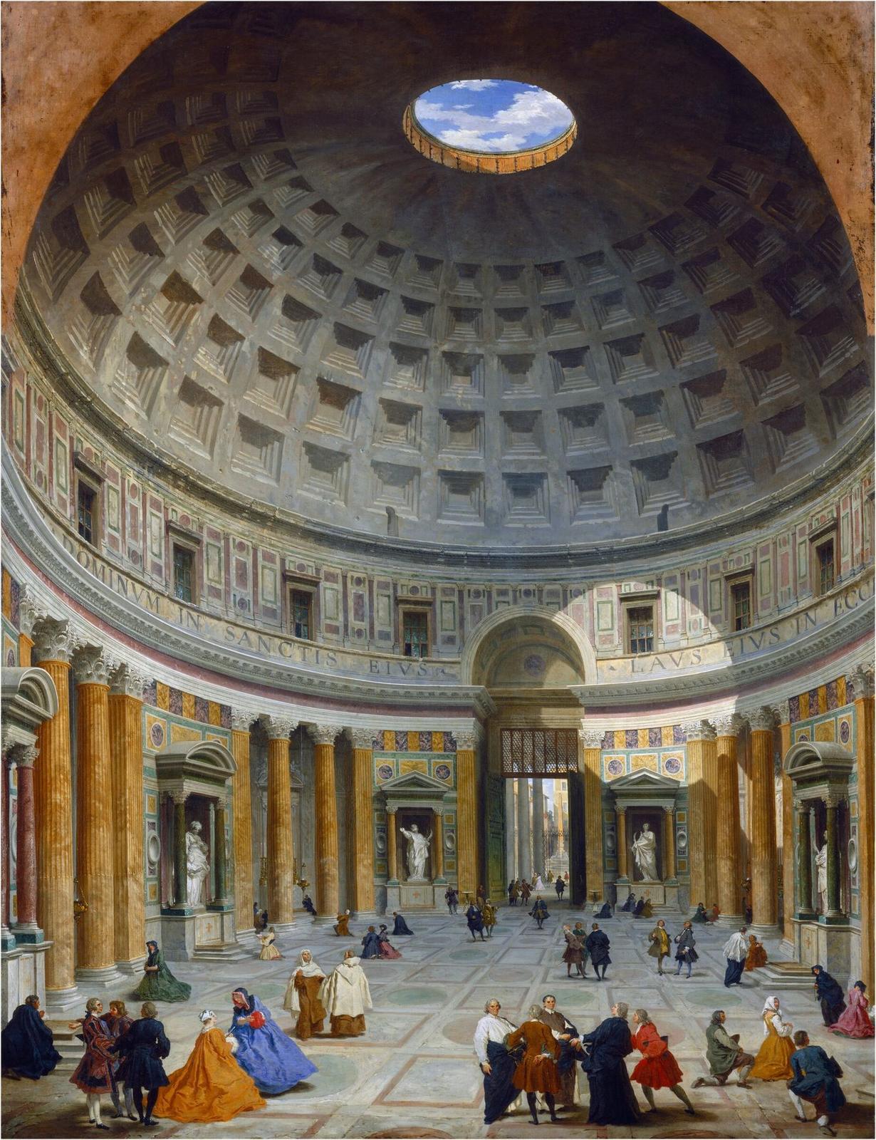 A painting of the interior of the Pantheon, with a huge coffered dome and round opening showing blue sky, coloured marble walls and columns, and small figures of visitors in eighteenth-century dress walking across the patterned floor.