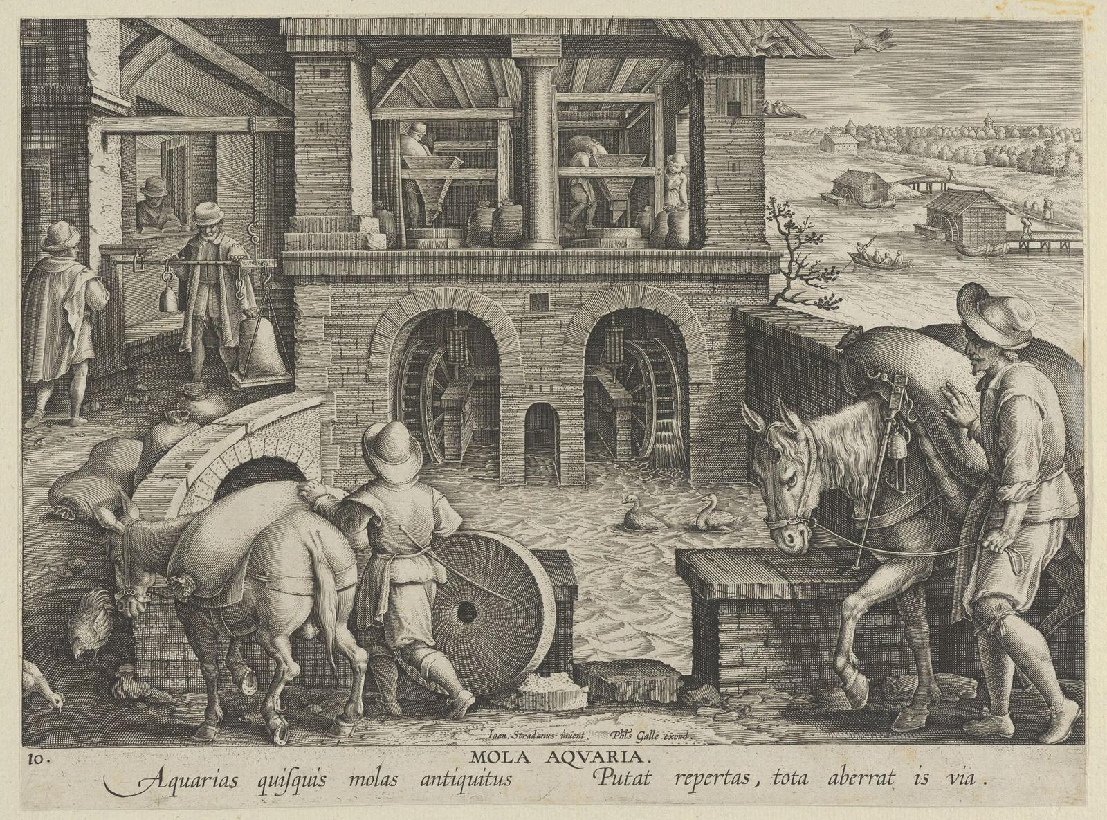 An engraving of a two-storey stone mill with two undershot waterwheels in arches; men carry sacks to the millstones above, and a miller weighs flour on a steelyard while mules wait with loads.
