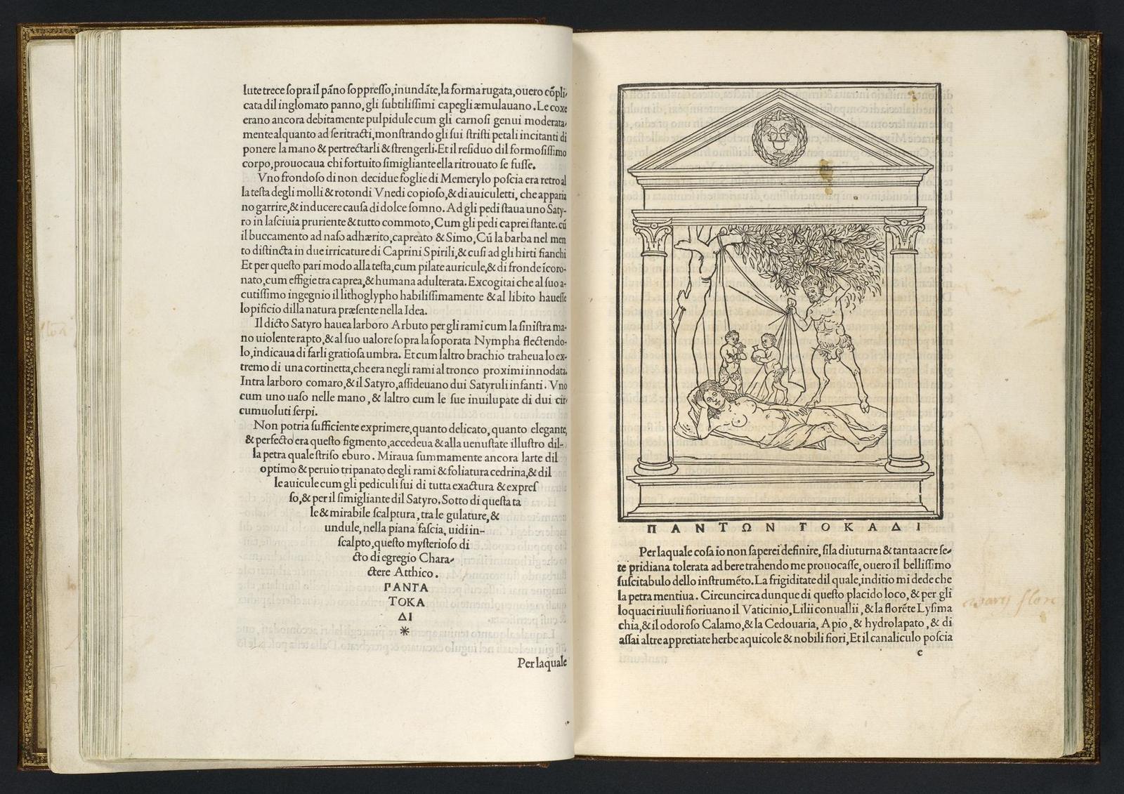 An open printed book: a page of roman type on the left, and on the right a woodcut of a classical shrine with figures, above more lines of text and a Greek inscription.