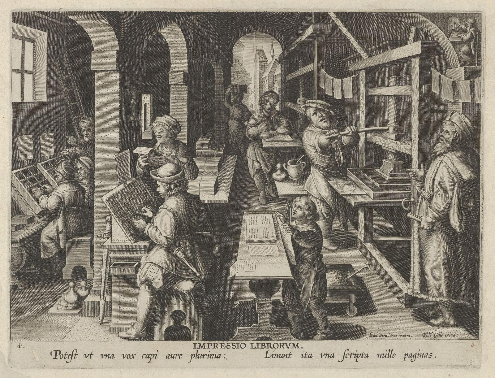 An engraving of a busy print shop: compositors at type cases on the left, a man pulling the bar of a wooden screw press on the right, a boy carrying sheets, printed sheets drying on lines overhead and a proofreader working by lamplight in an upper room.