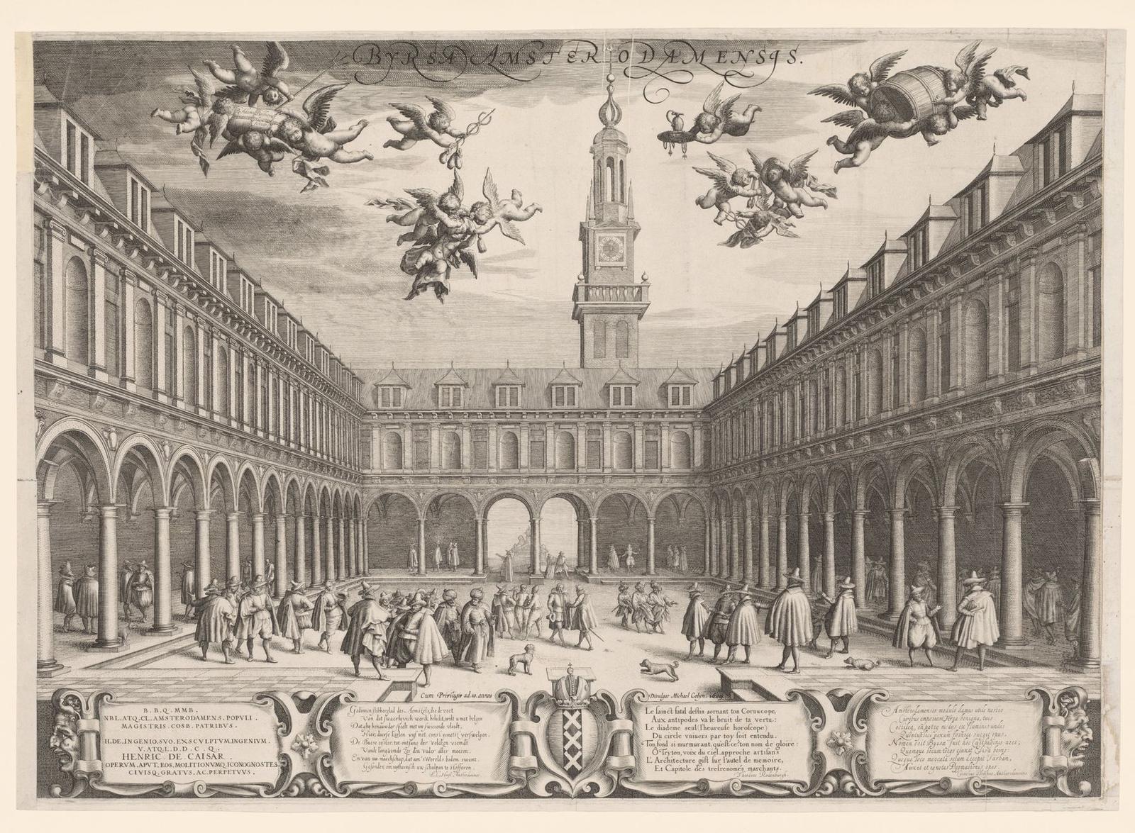 An engraving of a long rectangular courtyard surrounded by two storeys of arcades and topped by a clock tower; merchants in cloaks and hats stand and talk in groups on the paving, while winged children carry bales and barrels through the sky above.