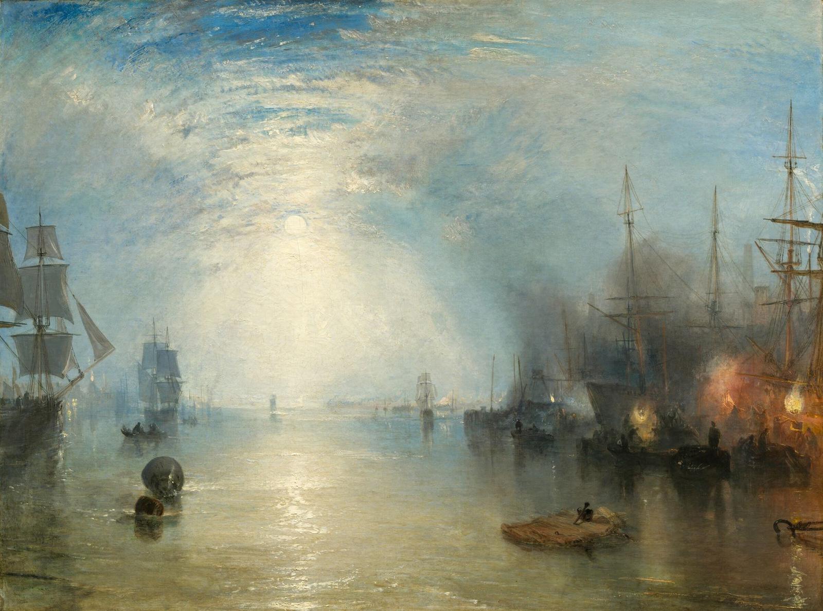 A painting of a broad river at night under a full moon whose light falls across the water; on the right, sailing ships crowd the bank while men on small flat boats load coal by torchlight, and fires glow red among the masts.