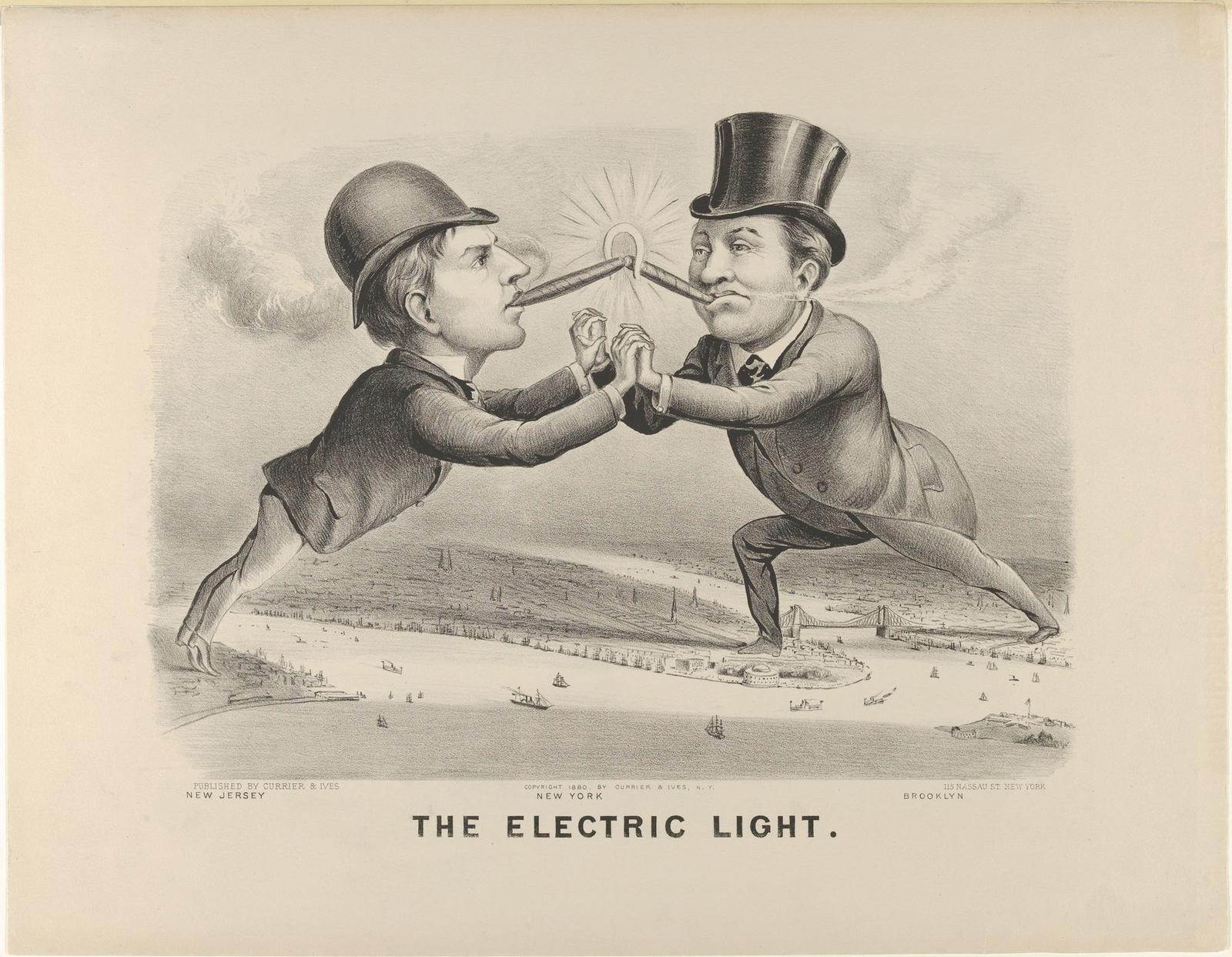 A lithograph caricature of two giant men in hats leaning across the Hudson River to clasp hands above New York harbour, their two cigars touching at a glowing light.