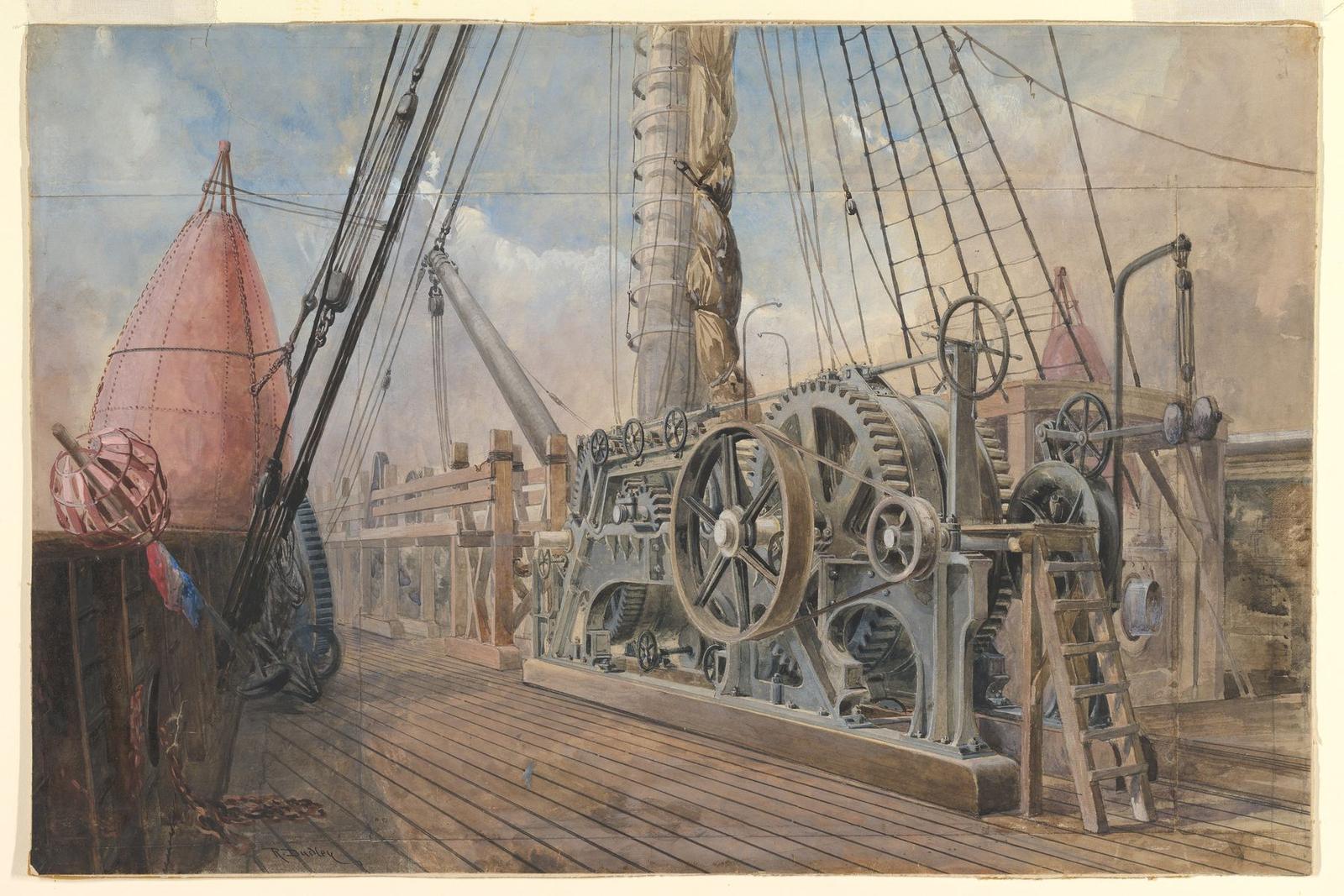 A watercolour of a ship's wooden deck dominated by a large iron paying-out machine of gears, wheels and brake drums, with masts, rigging and a red buoy behind.