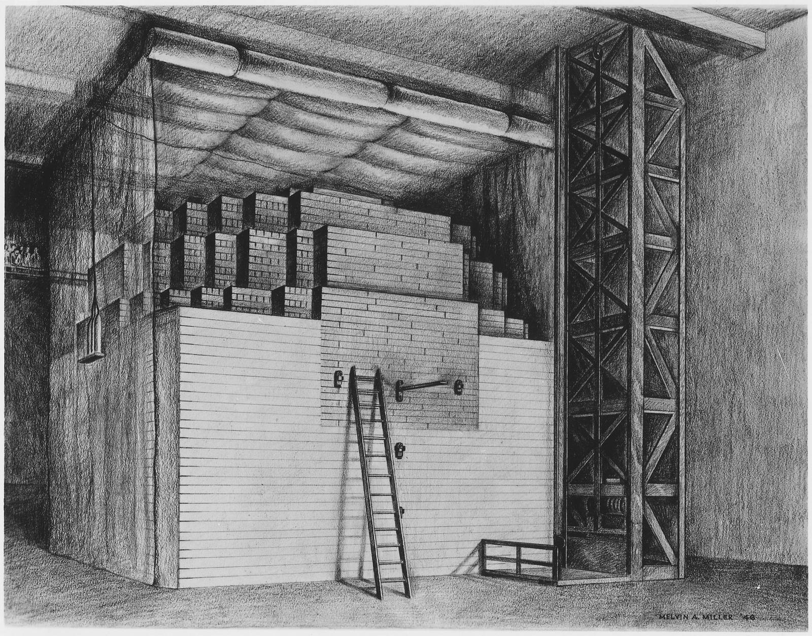A pencil drawing of a huge stepped stack of dark graphite blocks inside a tall room, its lower part faced with smooth panels, with a ladder leaning against it and a wooden lift tower on the right.