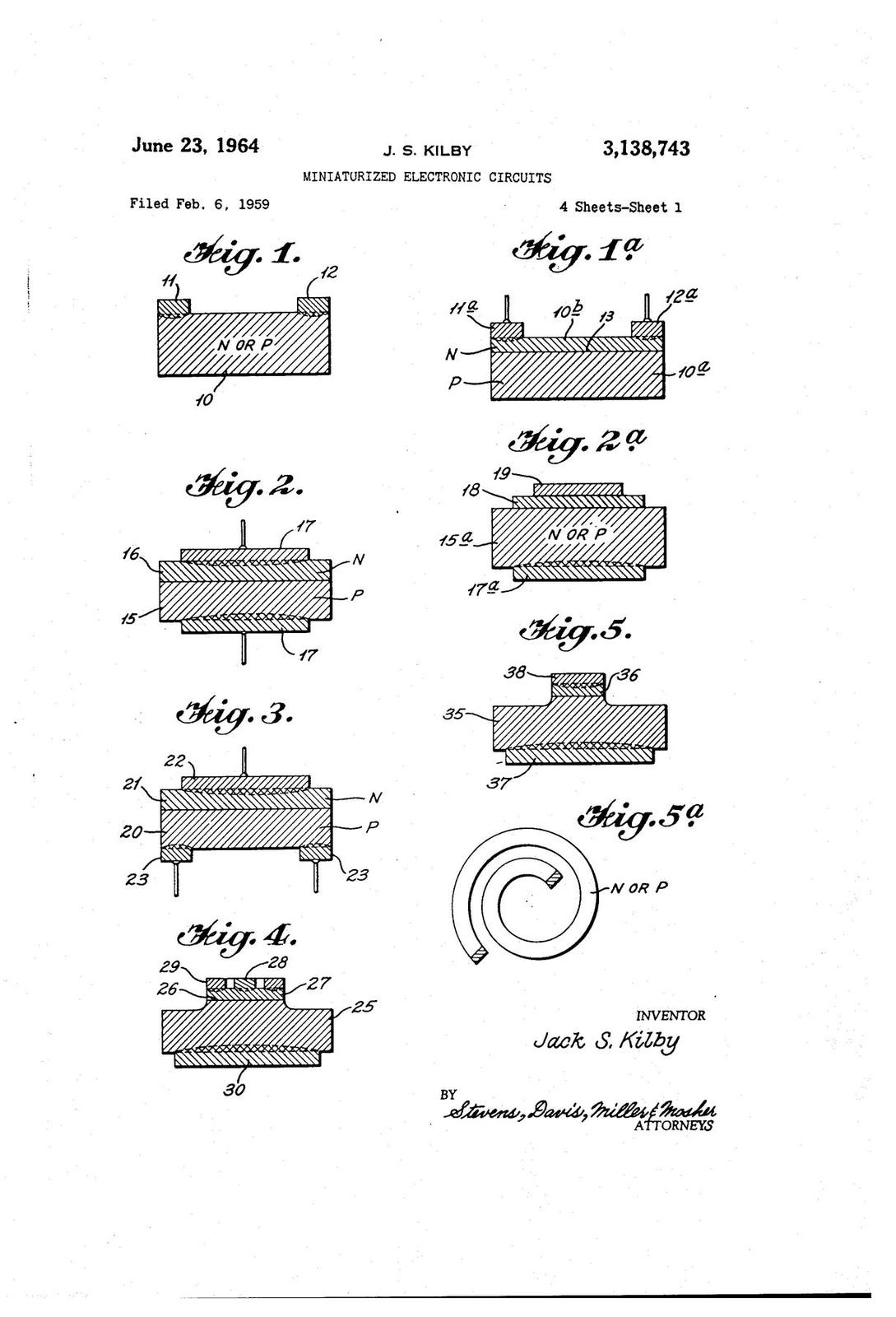 A patent drawing sheet with cross-sections of resistors, capacitors and transistors drawn as hatched blocks of N- and P-type material, signed by Jack S. Kilby.