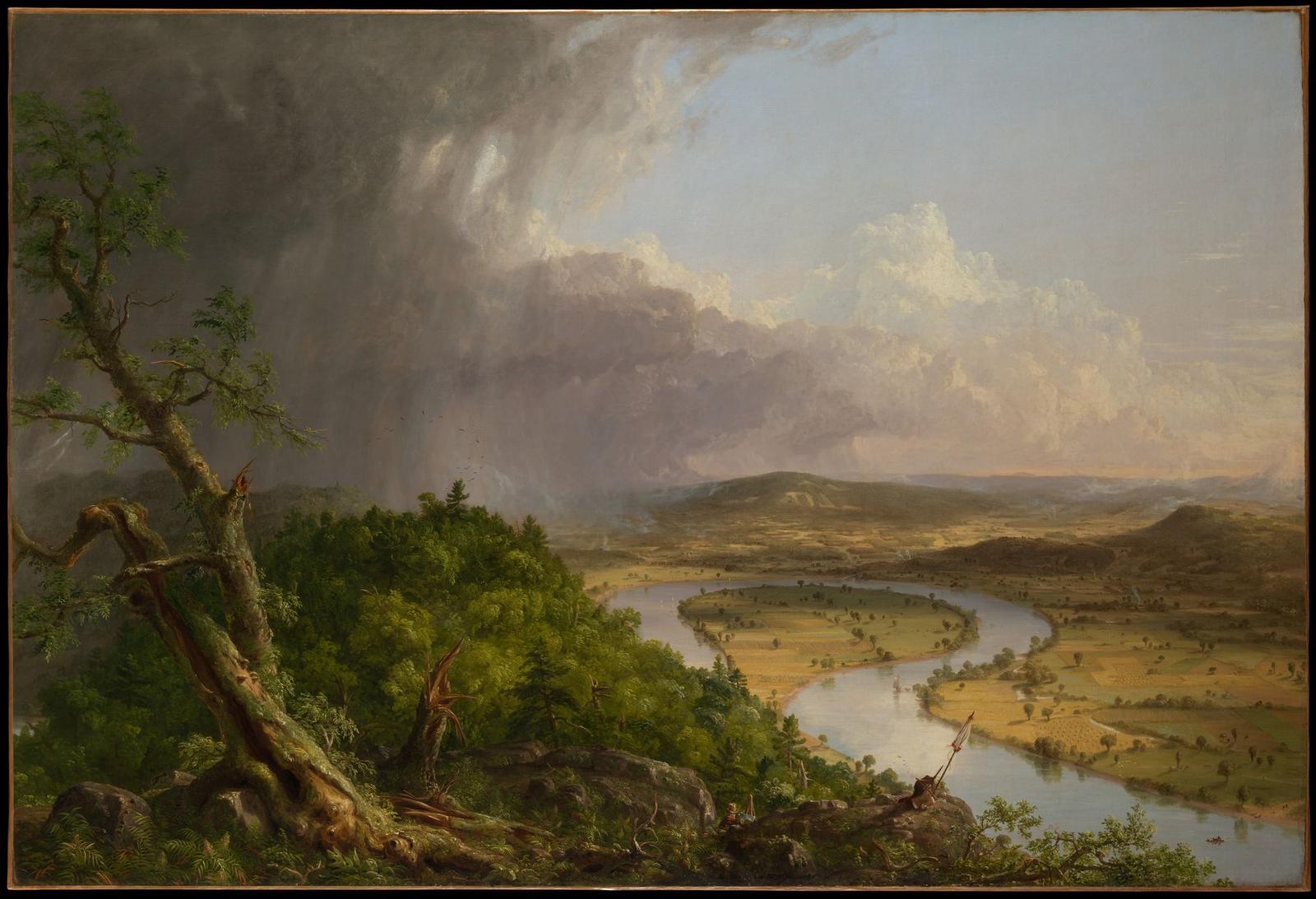 A wide painting of a river valley seen from a wooded mountaintop: on the left a storm and a broken tree, on the right sunlit farmland and a river curving in a great loop under clearing sky.